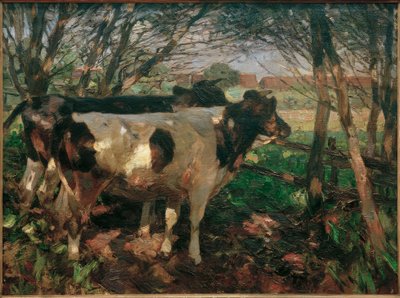 フェンスの前の2頭の牛 作： Heinrich von Zügel