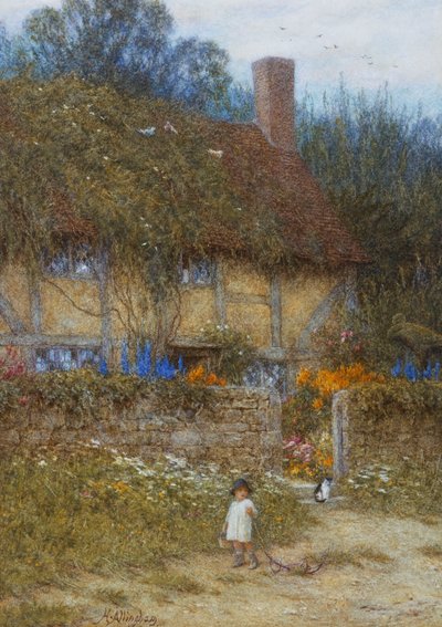 サリー州ゴダルマイニング近くのコテージ（ひっかき傷のある水彩画） 作： Helen Allingham