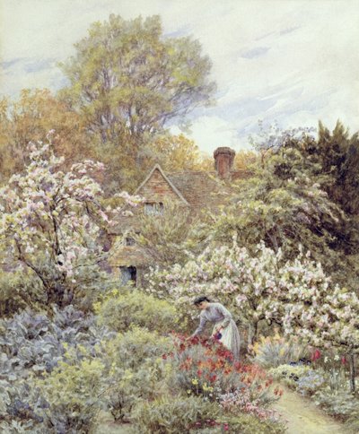 春の庭（紙に水彩） 作： Helen Allingham