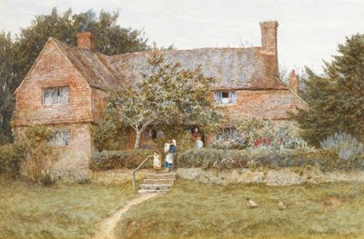 母親と子供たちがいるサリーコテージ（ひっかき傷のある水彩画） 作： Helen Allingham