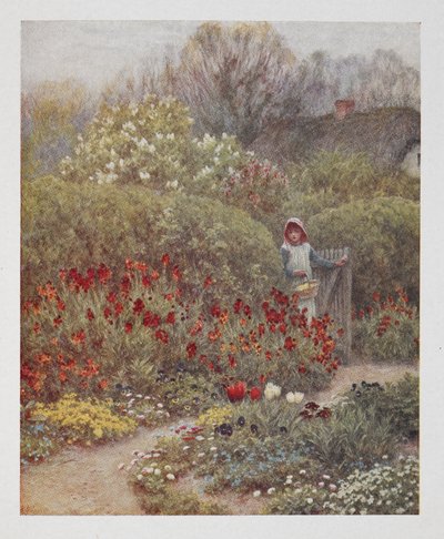 庭に門を開ける女性、「ハッピーイングランド」のイラスト、Robert Huish作（カラーリソ） 作： Helen Allingham
