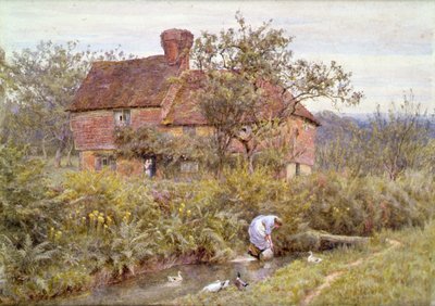オールド サリー コテージ (白で強調された水彩画) 作： Helen Allingham