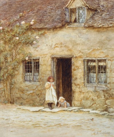 At the Cottage Door（水彩画にスクラッチを入れたもの 作： Helen Allingham