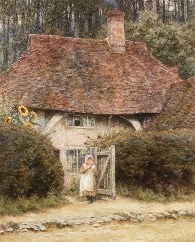 コテージゲートにて（紙に傷のある水彩画） 作： Helen Allingham