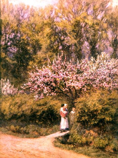By the Cottage Gate - Blossom Time (水彩・紙) 作： Helen Allingham