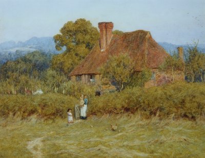 ブロードハムグリーン、サリー、夕日の光の中でのコテージ 作： Helen Allingham