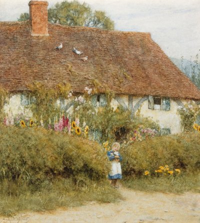 サリー州ウェストホースレイのコテージ（ひっかき傷のある水彩画） 作： Helen Allingham