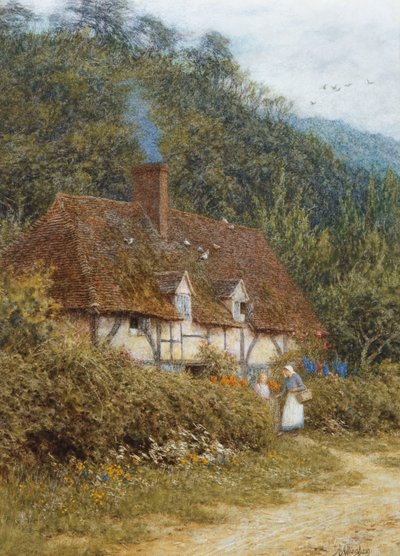 サリー州ウィットリー近くのコテージ（紙に引っかき傷のある水彩画） 作： Helen Allingham