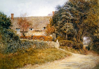 鳩に餌をやる」（水彩・紙 作： Helen Allingham