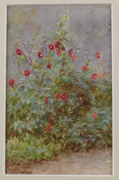 花のボーダー、タチアオイ、ダリア 作： Helen Allingham