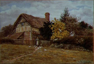 ラバーナム・コテージ：アヒルに餌をやる女性（水彩画 作： Helen Allingham
