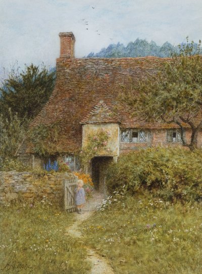 オールドコテージ、ウィットリー（傷のある水彩画） 作： Helen Allingham