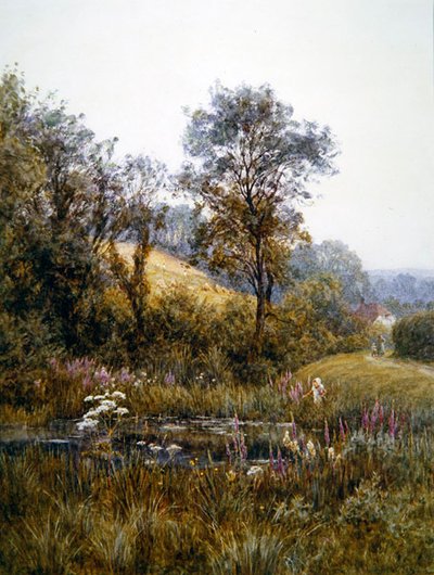 池のほとりで花を摘む（水彩＆紙にスクラッチアウト 作： Helen Allingham