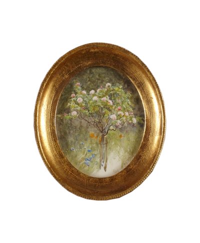 バラの茂みとアイリス（紙に水彩） 作： Helen Allingham
