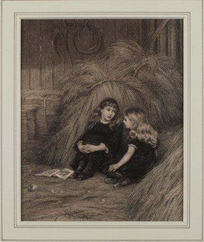 納屋の中の二人の少女（紙にインク 作： Helen Allingham
