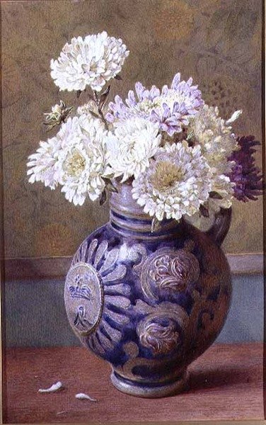 ストーンウェアの水差しに入った菊（水彩画） 作： Helen Cordelia Coleman Angell
