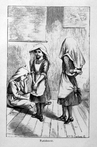 罰」、「A Manual of Collective Lessons in Plain Needlework and Knitting」のイラスト、W.P. and R. Cheshireの刻印、パブ。1885年（彫刻） 作： Helen K. (after) Brietzcke