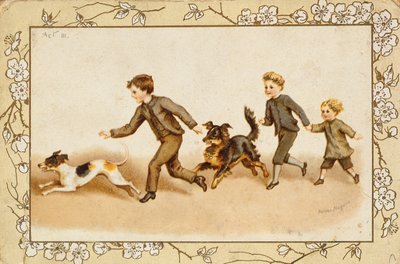 犬と遊ぶ子供たちを描いたグリーティングカード 作： Helena J. Maguire