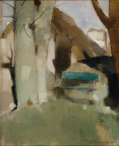 シャドウ・オン・ザ・ウォール II 緑のベンチ、1928年。 作： Helene Schjerfbeck