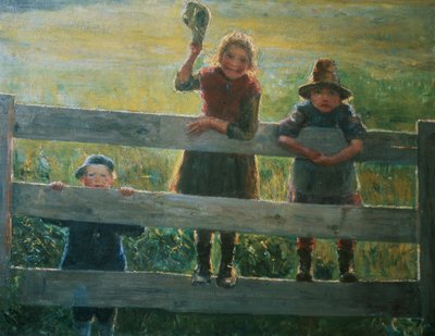 ゲートで 3 つの小さな子供たち 作： Helga Ring Reusch