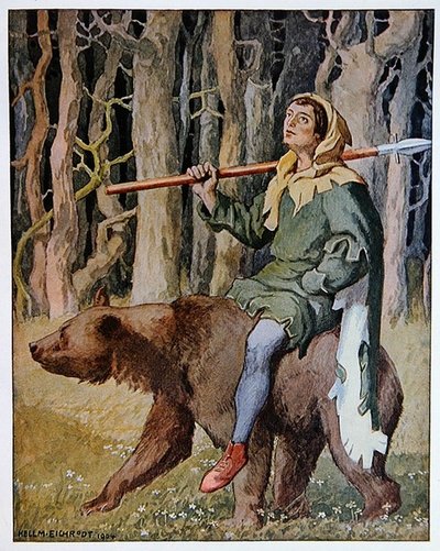 熊は狩人に背中に座るように言う」（ベルリンで出版された「Nouveaux Contes Allemands」の挿絵 作： Hellmut (after) Eichrodt