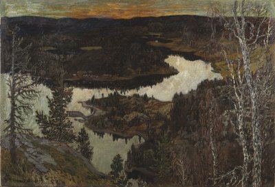 秋、ノルディングラ (メソナイトにマウントされたキャンバスに紙に油彩) 作： Helmer Osslund