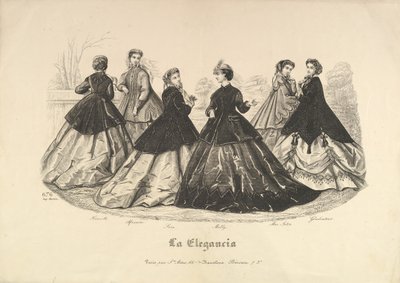シックス・ウィメン・アウトドア、No。676、ラ・エレガンシア、1865-66。 作： Heloise Leloir