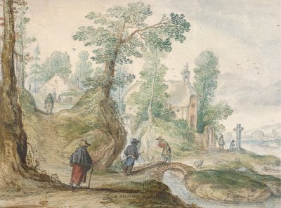 教会と人影のある樹木が茂った川の風景 1613年。 作： Hendrick Avercamp