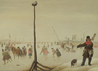 冬の風景の中のアヒルのハンターと彼の犬（パネル） 作： Hendrick Avercamp