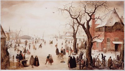 オランダ：村の近くにスケーターがいる冬景色 村の近くにスケーターがいる冬景色 作： ヘンドリックアバーキャンプ