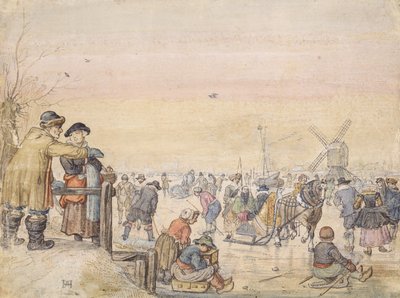 氷を楽しむ、1630（紙にペンとトイレ） 作： Hendrick Avercamp