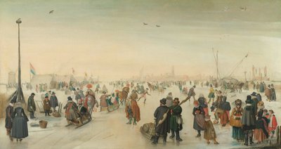 町の近くで氷を楽しむ 都市の近くの冬の風景 作： Hendrick Avercamp