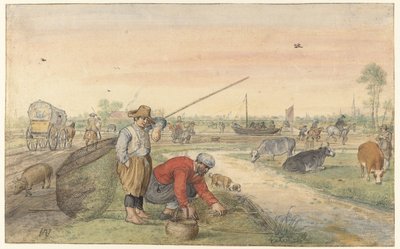 溝のほとりにうなぎ漁師が二人いる風景 作： Hendrick Avercamp