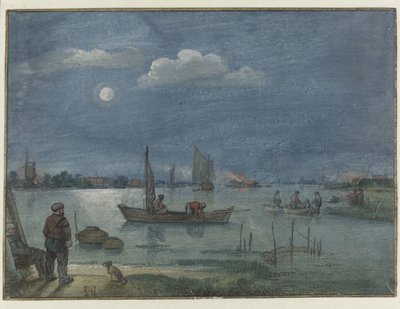 漁師と月明かりに照らされた川の風景 作： Hendrick Avercamp