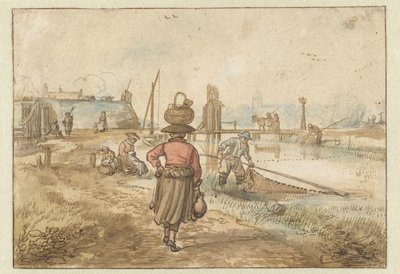 かごを頭に乗せた女性がいる川の風景、町の壁の近くの漁師やその他の人物 作： Hendrick Avercamp