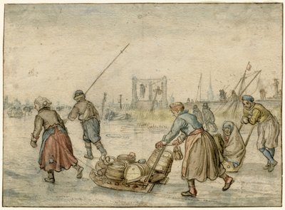 冬の風景、2 人の女性と橇と氷の上の他の人物、遠くの絞首台 作： Hendrick Avercamp