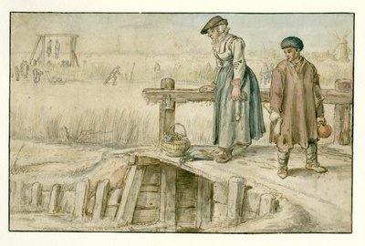 小さな橋の上の女性と若者、遠くにスケーターと絞首台のある冬の風景 作： Hendrick Avercamp