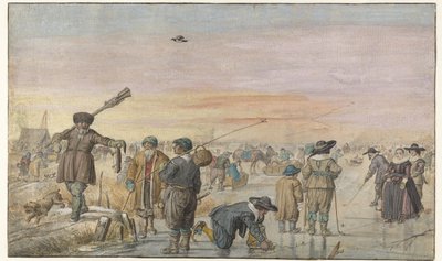 カワウソを見せるハンターと氷の上の冬のシーン 作： Hendrick Avercamp