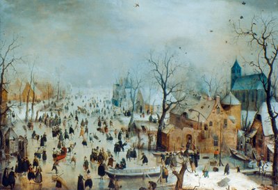 アイススケーターのいる冬のシーン、c1608 作： Hendrick Avercamp