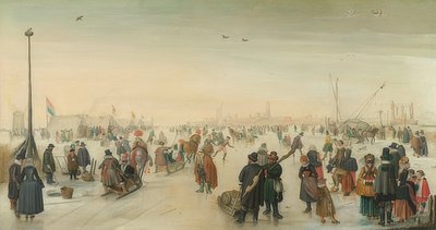 冬の街の前でお楽しみください。 1620年頃 作： Hendrick Avercamp