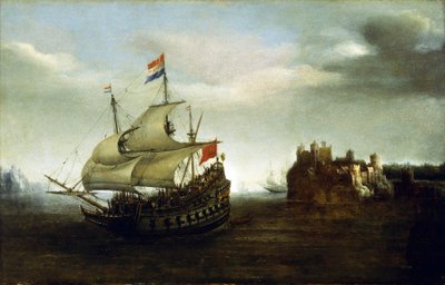 城の近く、岩だらけの海岸を航行するオランダ船。木に油彩 作： Hendrick Cornelisz Vroom