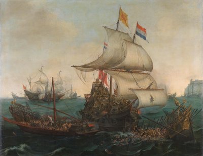 1602年10月3日、イギリス沿岸のスペインのガレー船に体当たりするオランダ船 作： Hendrick Cornelisz. Vroom