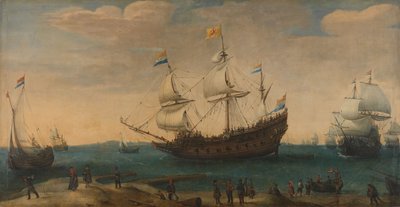海岸沖の東インド洋船（1600-30年頃、キャンバスに油彩） 作： Hendrick Cornelisz Vroom