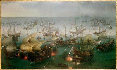 イギリス艦隊に対抗する無敵のアルマダ。「アルマダとの戦いの7日目、1588年7月8日」、ヘンドリック・コーネリスツ・ヴルーム（1566-1640）による絵画 作： Hendrick Cornelisz. Vroom