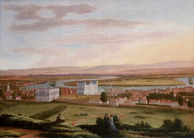 南東からグリニッジと王妃の館を望む（1670年頃）。オールド・ウリッジ・ロードが左側の王妃の館の下を通り、右側に王の新館が見える（現在のキング・チャールズ・コート・オブ・ジャスティス・ビルディング（旧王立海軍庁舎 作： Hendrick Danckerts