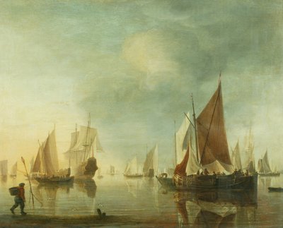 穏やかな海の沖合に停泊する船、夕方の光 1650-60年頃（油彩・パネル） 作： Hendrick Dubbels