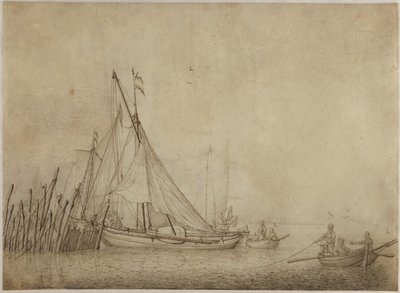 都市を背景にした漁業堰の船 作： Hendrick Dubbels