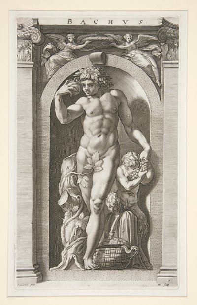 バッカス、一連の 8 つの古代の神々の第 7 位 作： Hendrick Goltzius