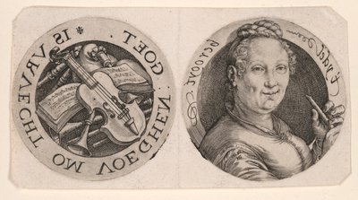 フルートと楽器を持つ女性の胸像、1枚 作： Hendrick Goltzius
