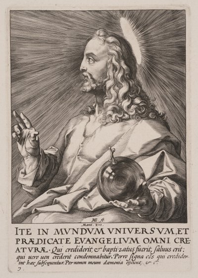 キリスト（サルバトール・ムンディとして）、キリスト、使徒、聖パウロと信条より 作： Hendrick Goltzius